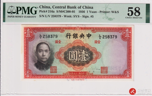 民国二十五年（1936）中央银行壹圆（号码258379） PMG AU 58 LOT6021 