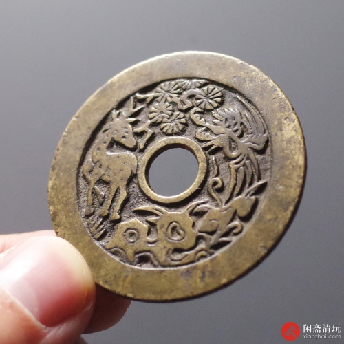 清 长命富贵 背鹤鹿同春花钱